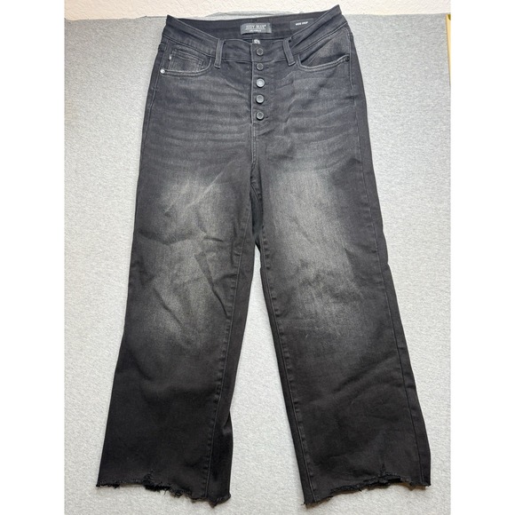 Judy Blue Jeans Women's 9/29 Wide Leg Crop Black Raw Cut Hems Distressed Stretch - Picture 1 of 8